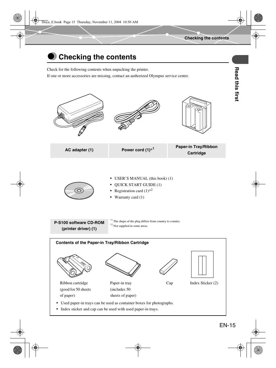 Checking the contents, En-15 | Olympus P-S100 Digital Photo Printer User Manual | Page 15 / 132