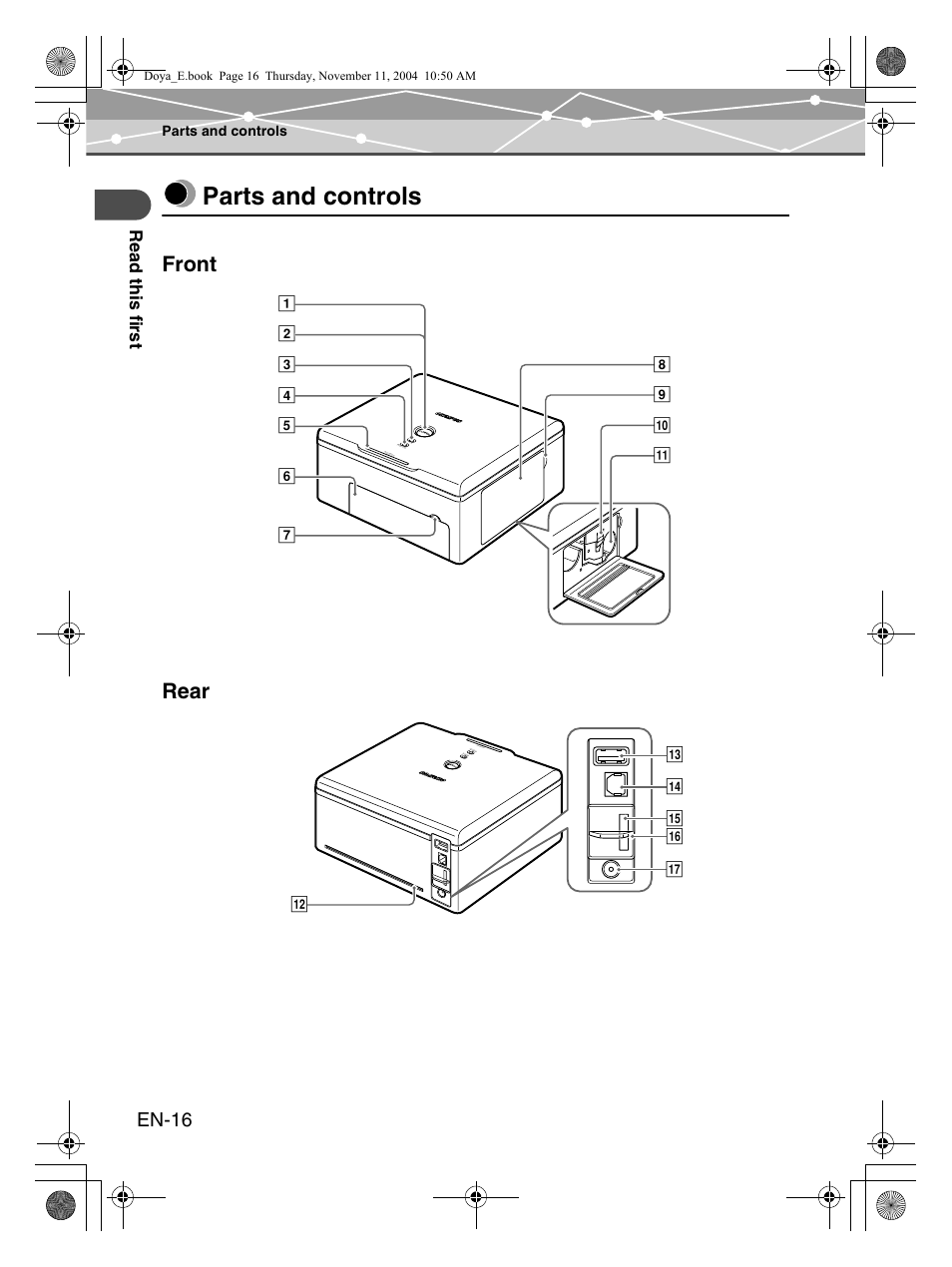 Parts and controls, Front rear, En-16 | Olympus P-S100 Digital Photo Printer User Manual | Page 16 / 132