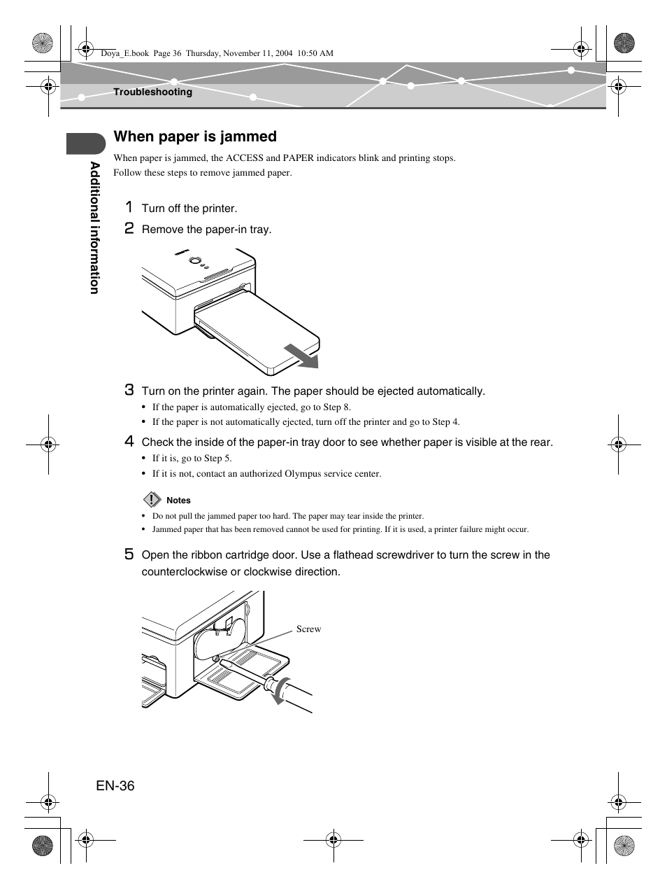 When paper is jammed | Olympus P-S100 Digital Photo Printer User Manual | Page 36 / 132