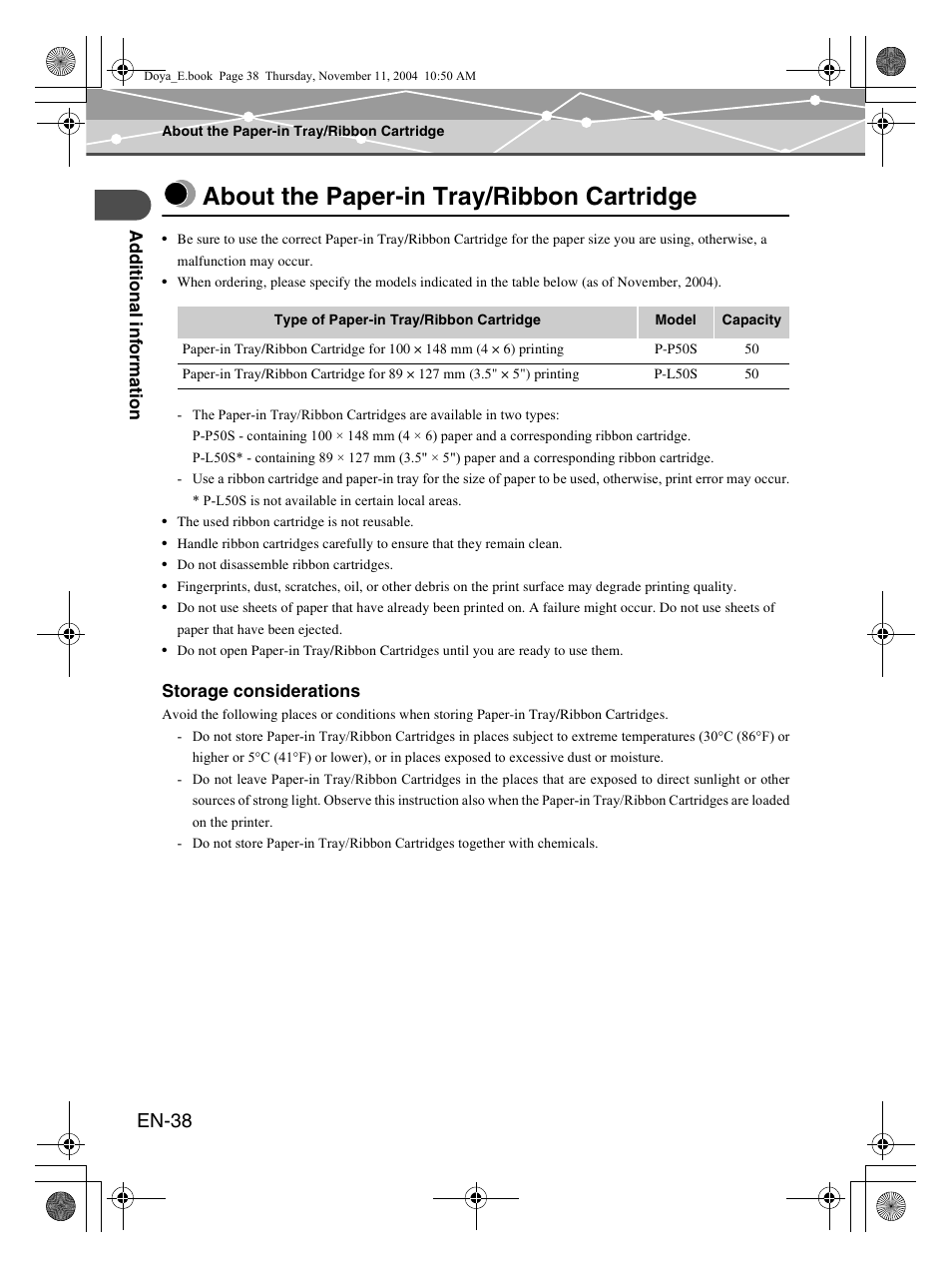 About the paper-in tray/ribbon cartridge, En-38 | Olympus P-S100 Digital Photo Printer User Manual | Page 38 / 132