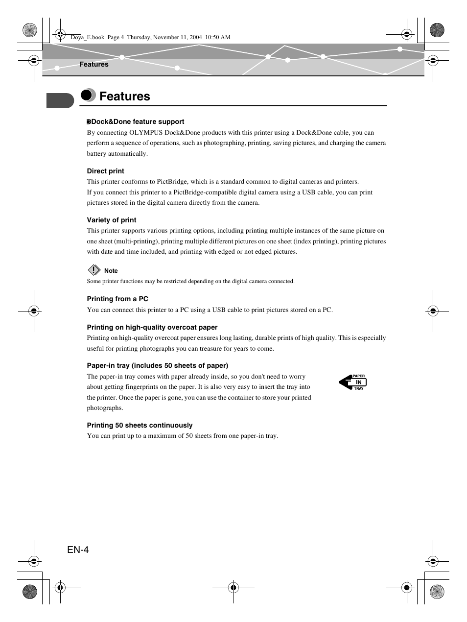 Features, En-4 | Olympus P-S100 Digital Photo Printer User Manual | Page 4 / 132