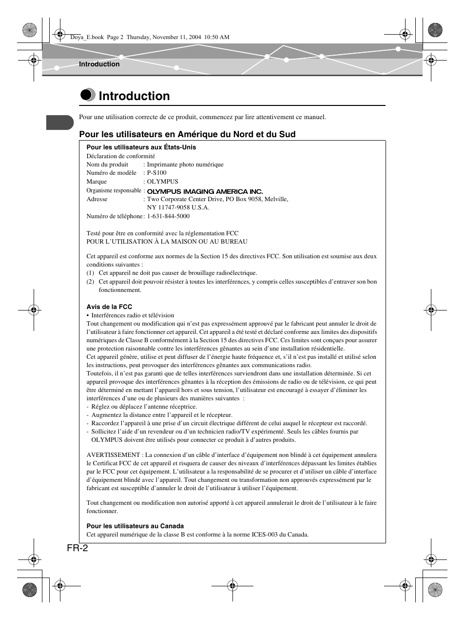 Introduction, Fr-2 | Olympus P-S100 Digital Photo Printer User Manual | Page 44 / 132