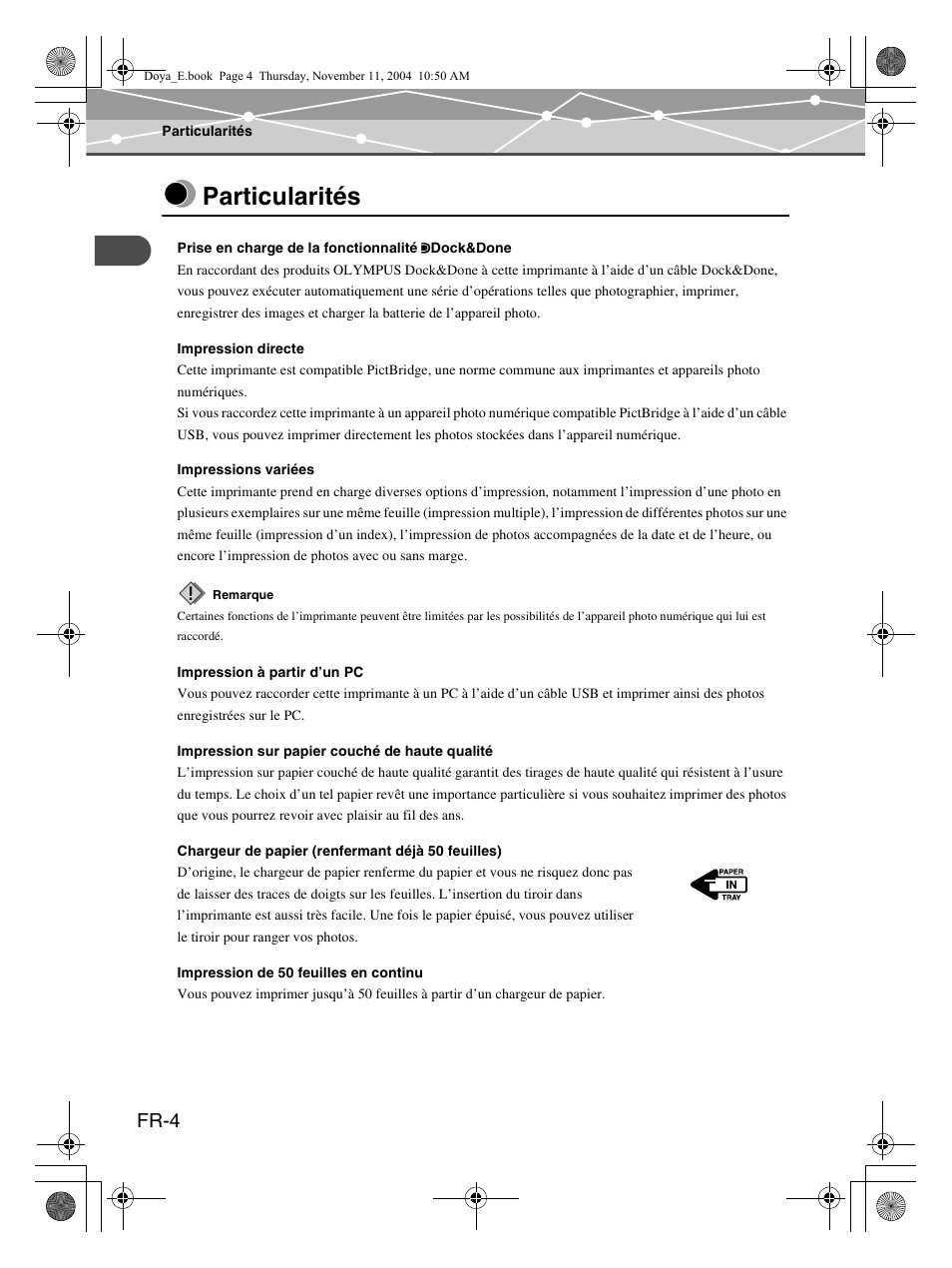Particularités, Fr-4 | Olympus P-S100 Digital Photo Printer User Manual | Page 46 / 132