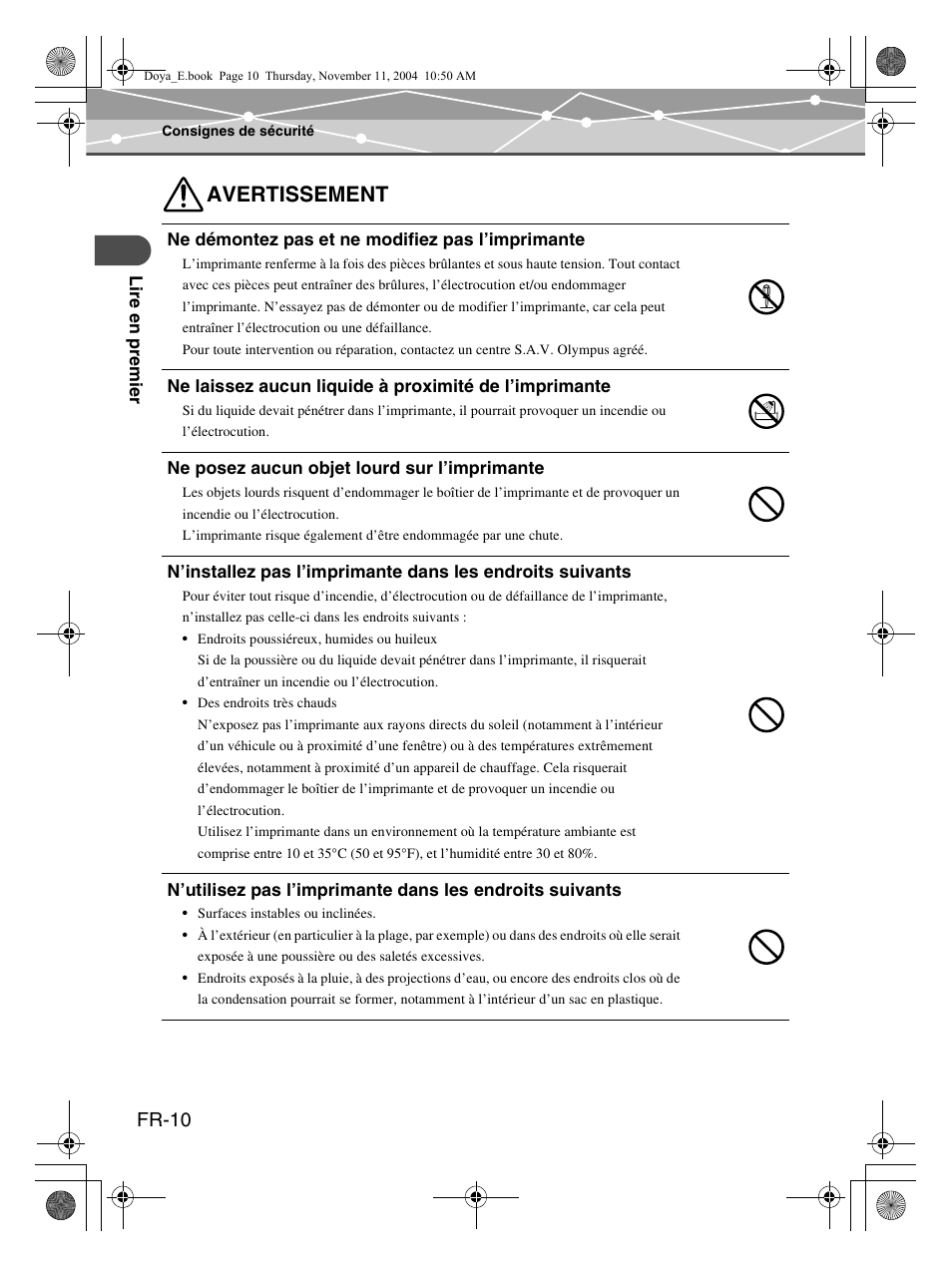 Avertissement, Fr-10 | Olympus P-S100 Digital Photo Printer User Manual | Page 52 / 132