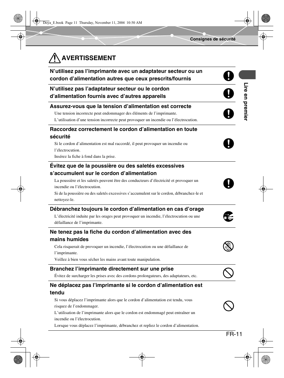 Avertissement | Olympus P-S100 Digital Photo Printer User Manual | Page 53 / 132