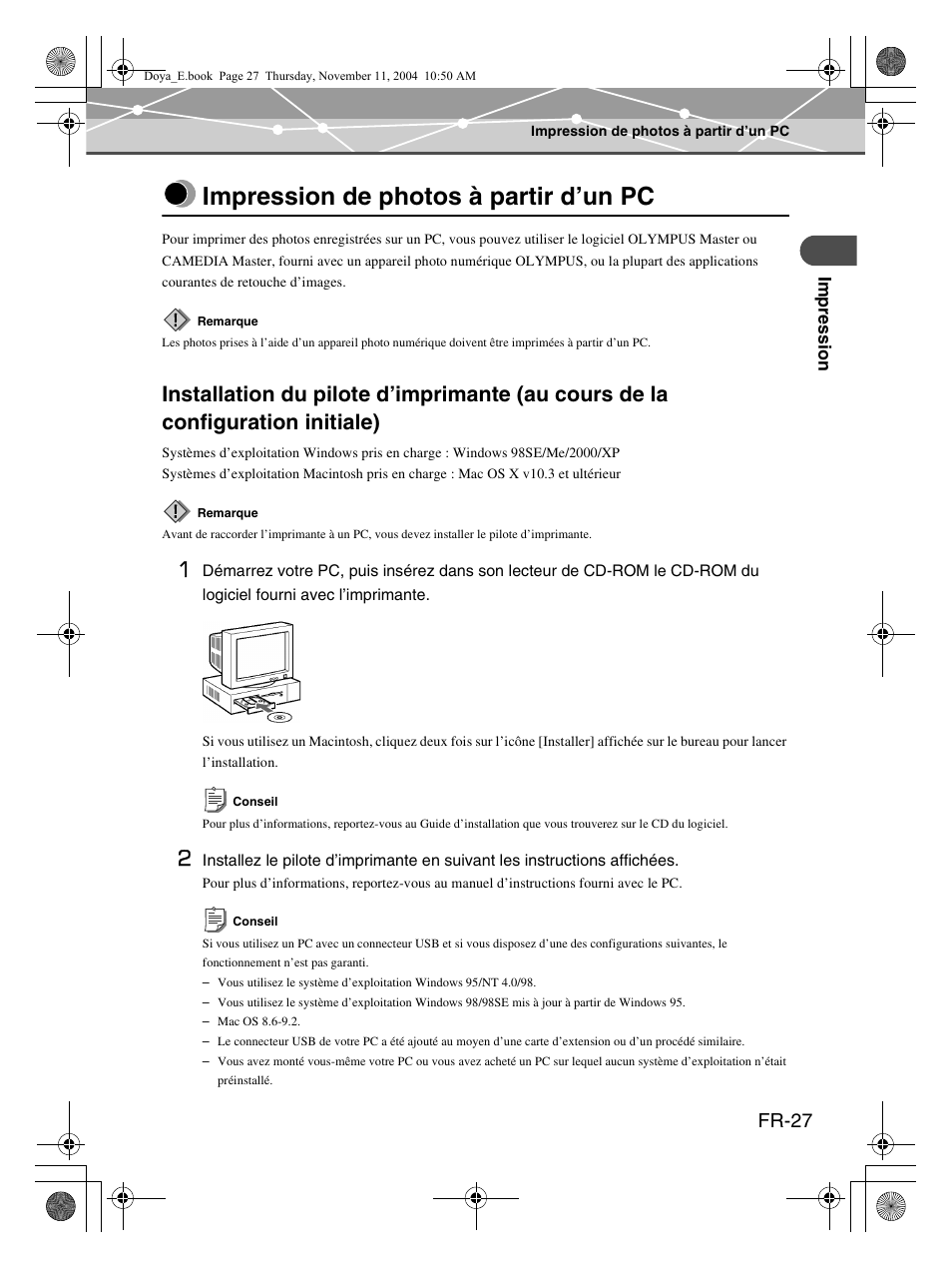 Impression de photos à partir d’un pc, Fr-27 | Olympus P-S100 Digital Photo Printer User Manual | Page 69 / 132