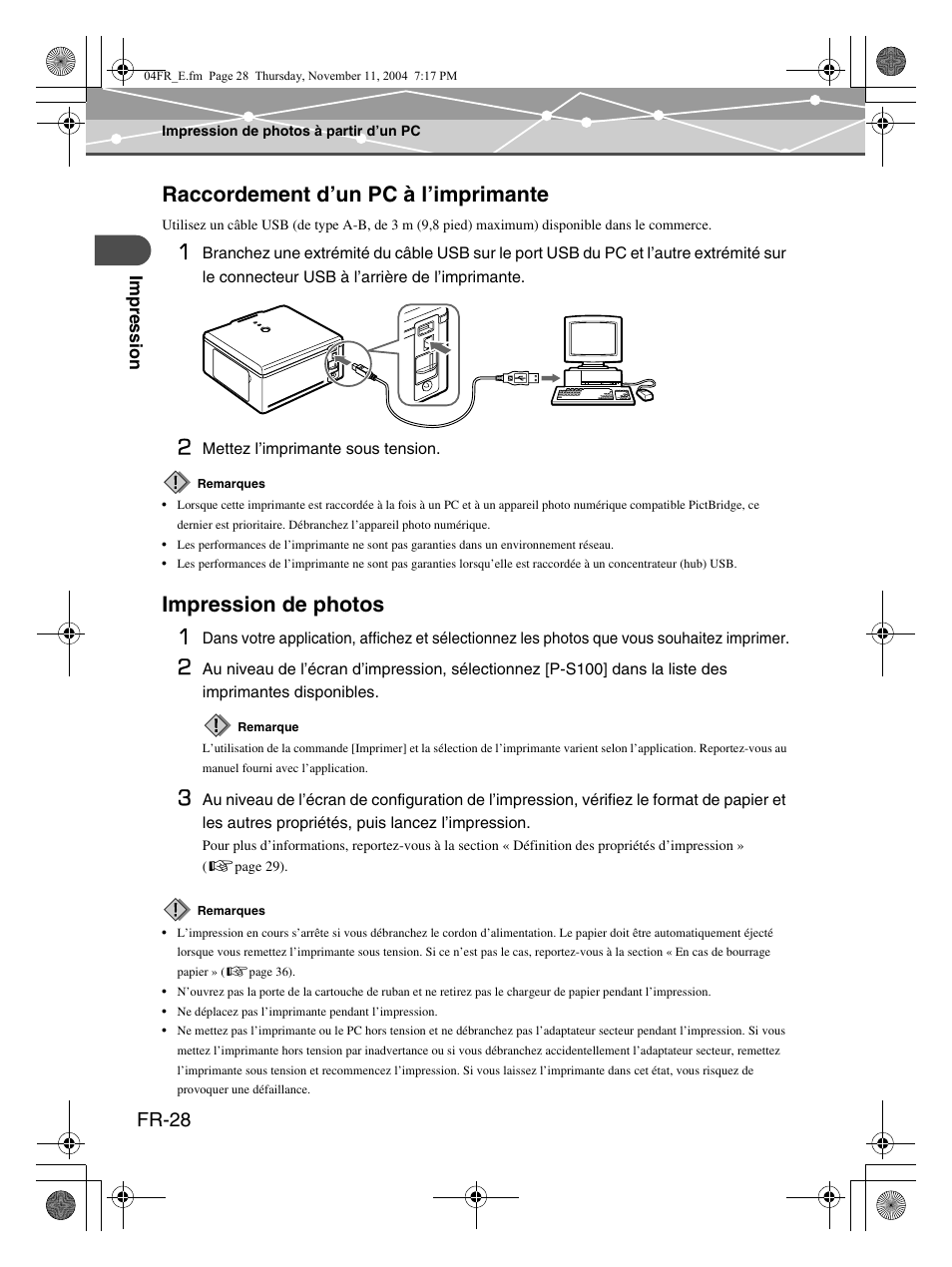 Raccordement d’un pc à l’imprimante, Impression de photos 1, Fr-28 | Olympus P-S100 Digital Photo Printer User Manual | Page 70 / 132