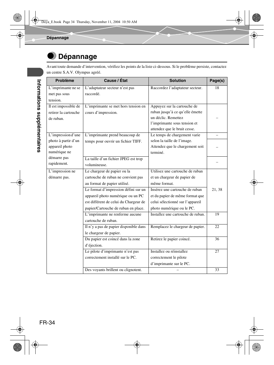 Dépannage, Fr-34 | Olympus P-S100 Digital Photo Printer User Manual | Page 76 / 132