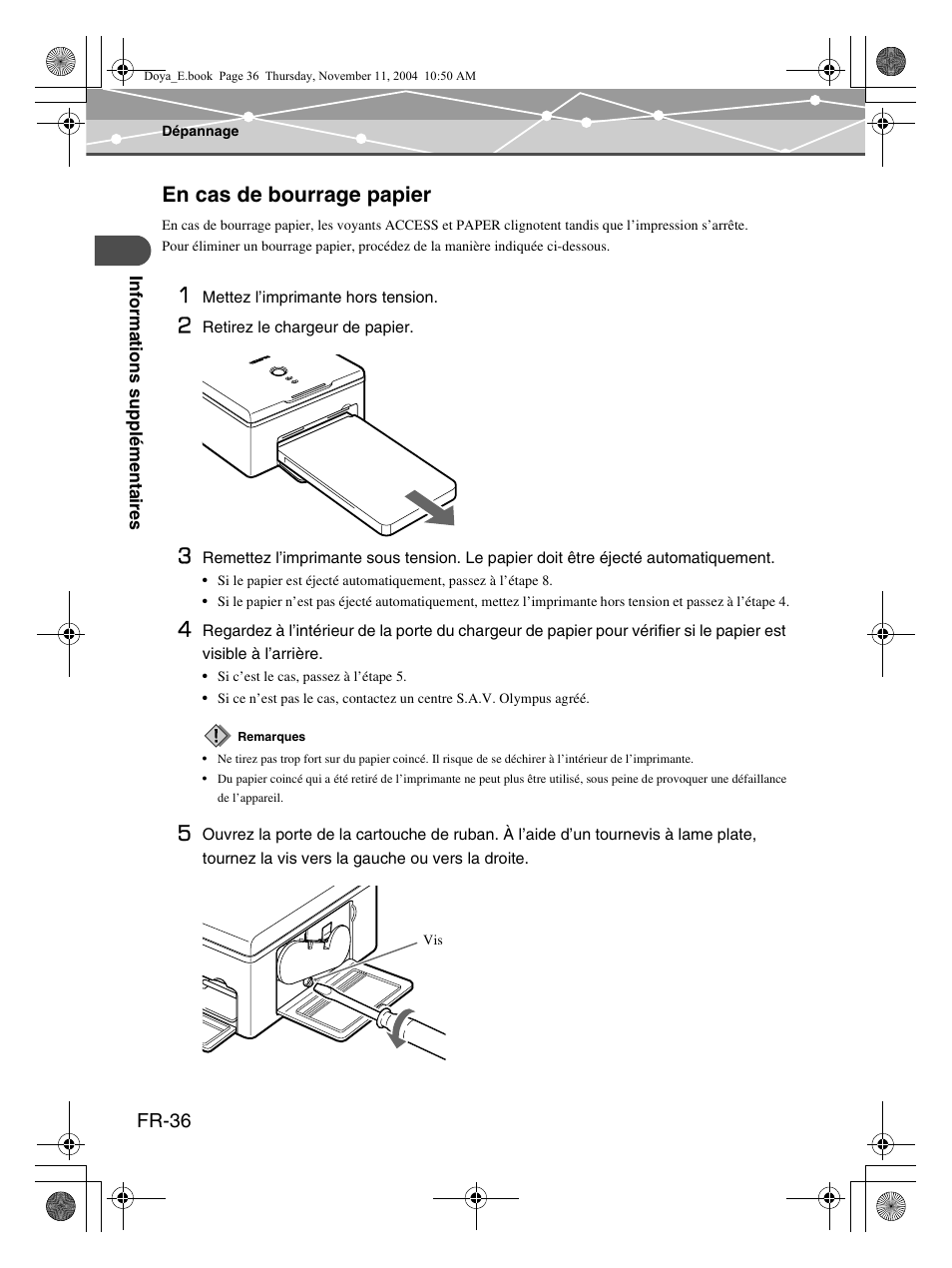 En cas de bourrage papier | Olympus P-S100 Digital Photo Printer User Manual | Page 78 / 132