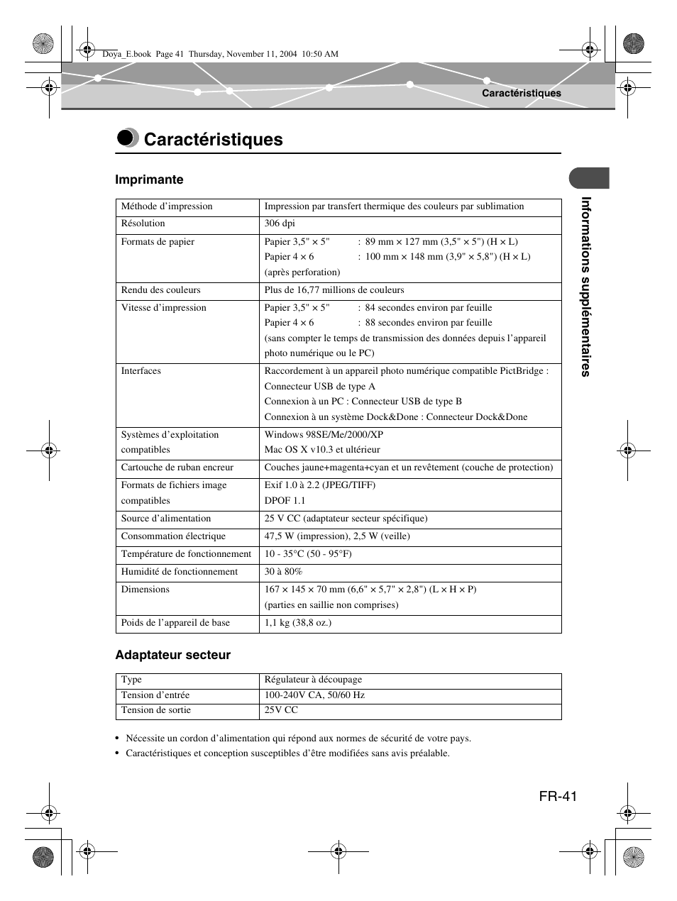 Caractéristiques, Fr-41 | Olympus P-S100 Digital Photo Printer User Manual | Page 83 / 132