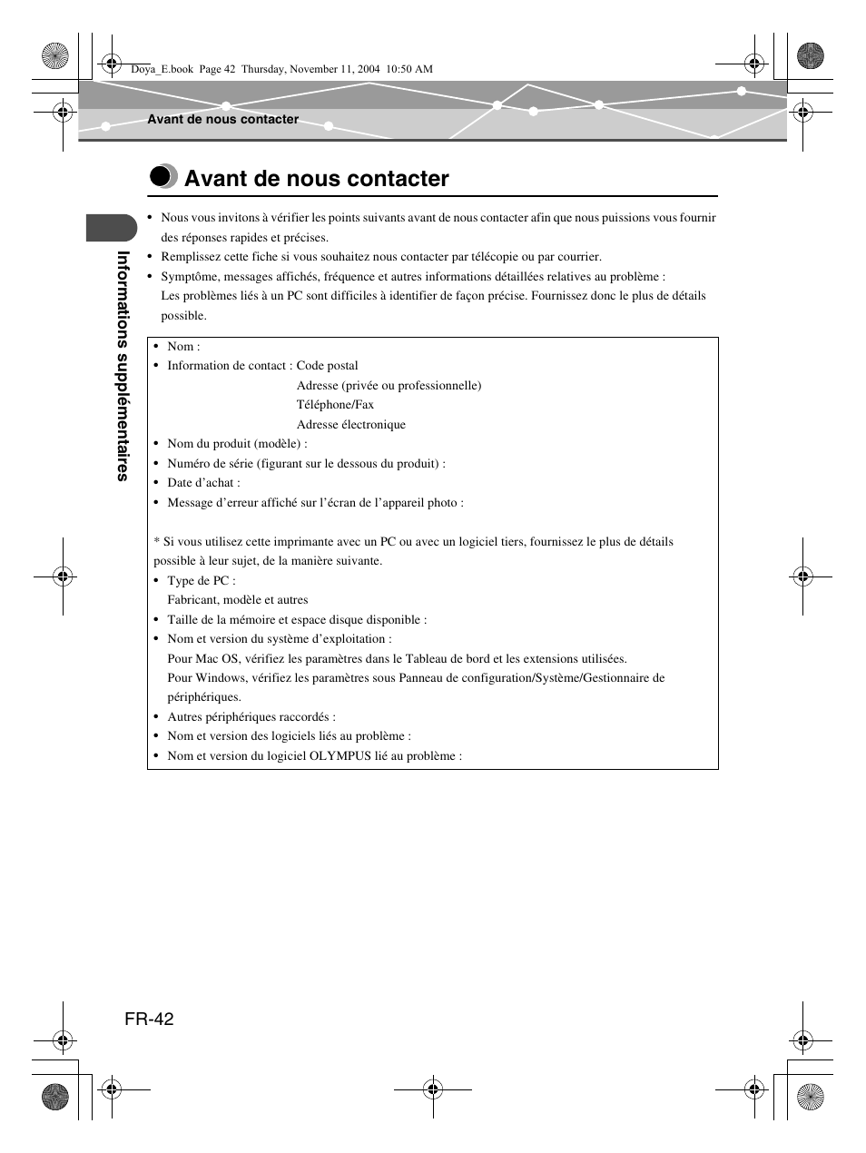 Avant de nous contacter, Fr-42 | Olympus P-S100 Digital Photo Printer User Manual | Page 84 / 132