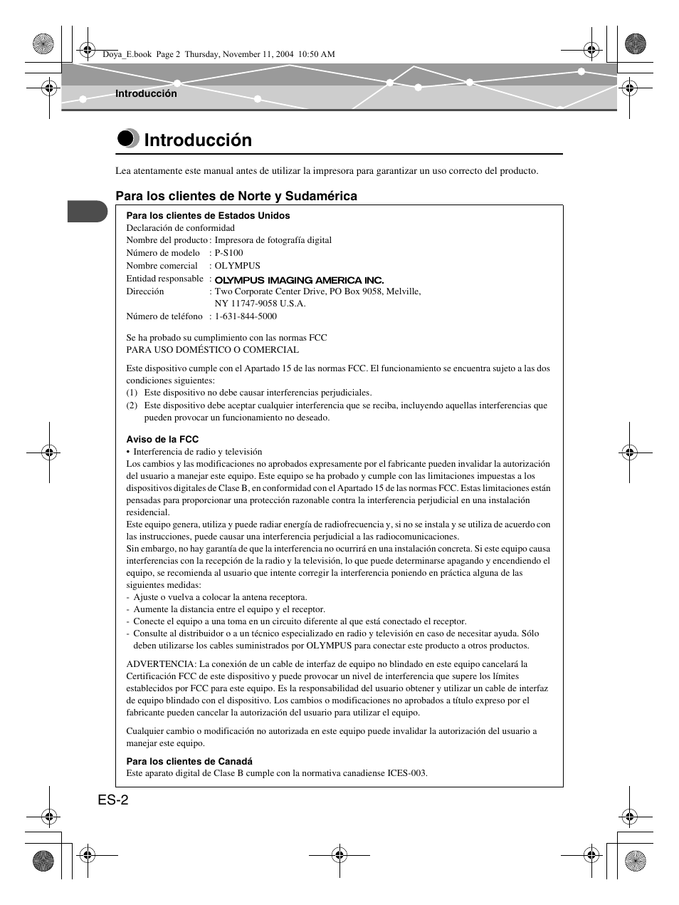 Introducción, Es-2 | Olympus P-S100 Digital Photo Printer User Manual | Page 86 / 132