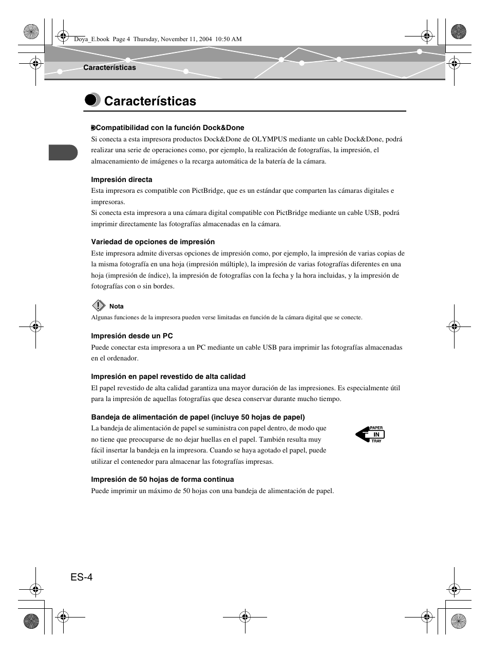 Características, Es-4 | Olympus P-S100 Digital Photo Printer User Manual | Page 88 / 132