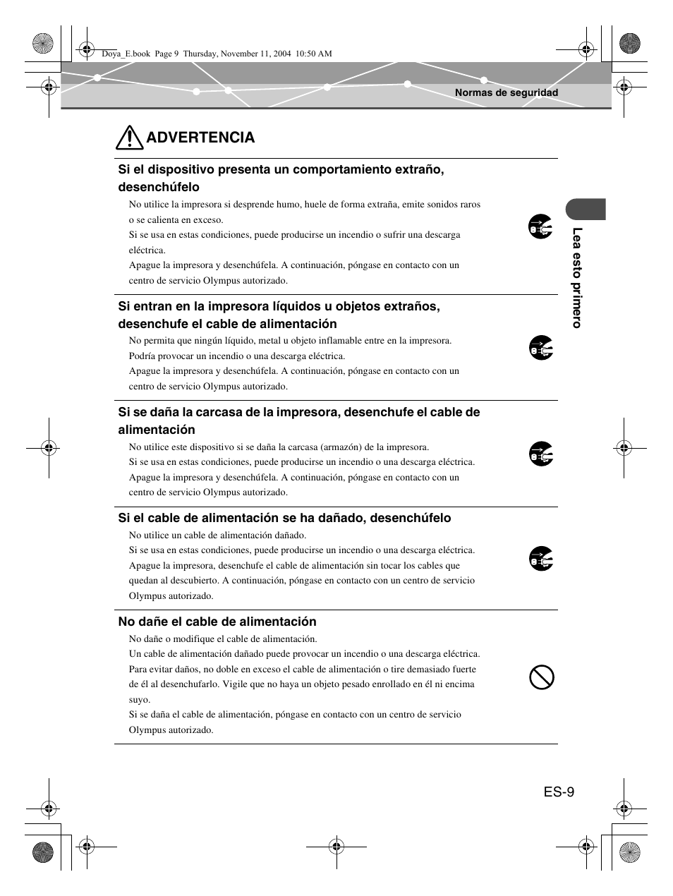 Advertencia, Es-9 | Olympus P-S100 Digital Photo Printer User Manual | Page 93 / 132