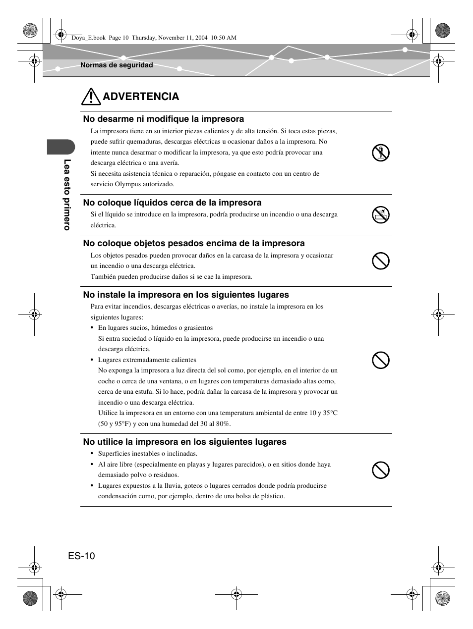 Advertencia, Es-10 | Olympus P-S100 Digital Photo Printer User Manual | Page 94 / 132