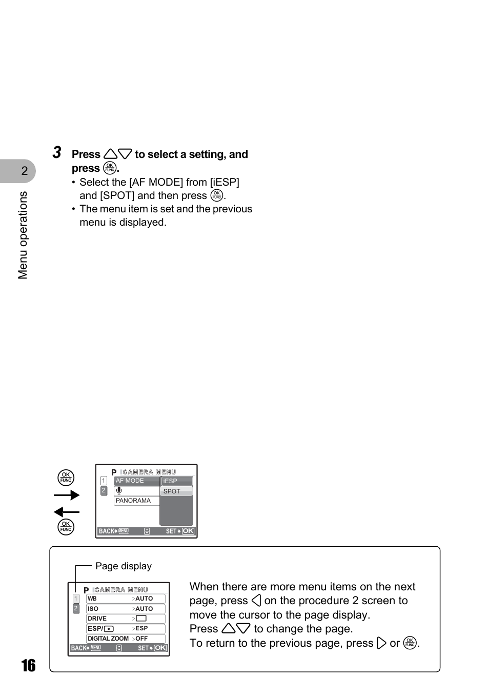 Menu o perat ion s 2, Press 12 to select a setting, and press o | Olympus Stylus 725 SW User Manual | Page 16 / 83