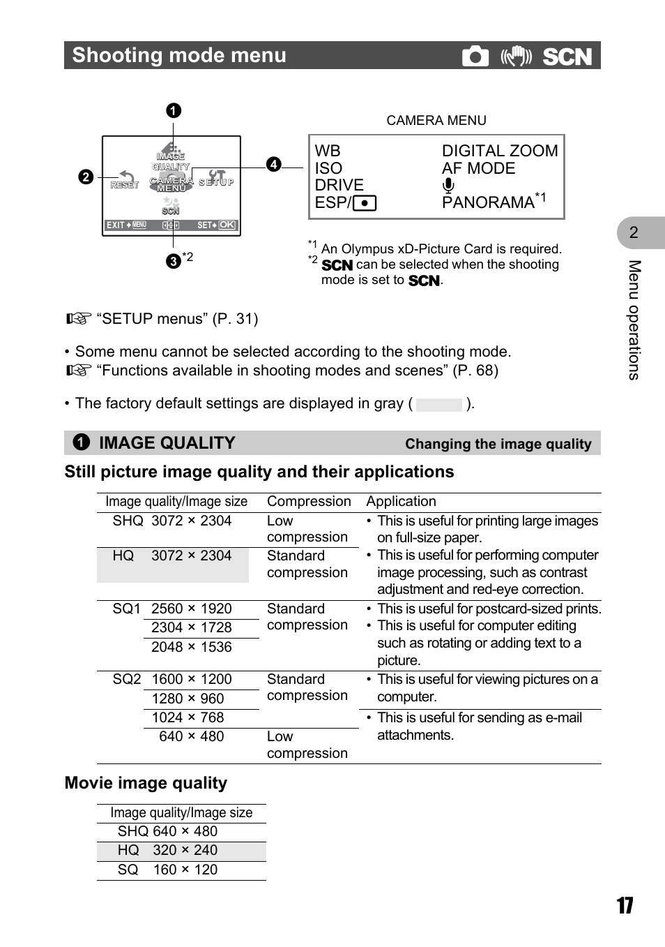 Shooting mode menu, Changing the image quality, Shooting mode menu k | 1image quality, Men u o perat io ns 2, Wb iso drive esp/n digital zoom af mode r panorama | Olympus Stylus 725 SW User Manual | Page 17 / 83