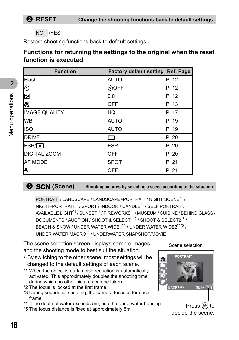 2reset, 3s (scene), Menu o perat ion s 2 | Olympus Stylus 725 SW User Manual | Page 18 / 83