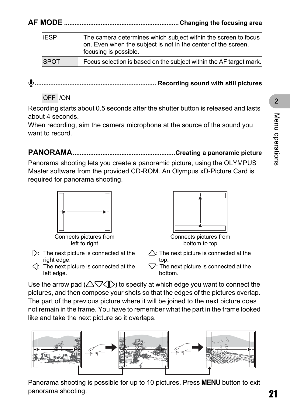 Changing the focusing area, Recording sound with still pictures, Creating a panoramic picture | P. 21 | Olympus Stylus 725 SW User Manual | Page 21 / 83