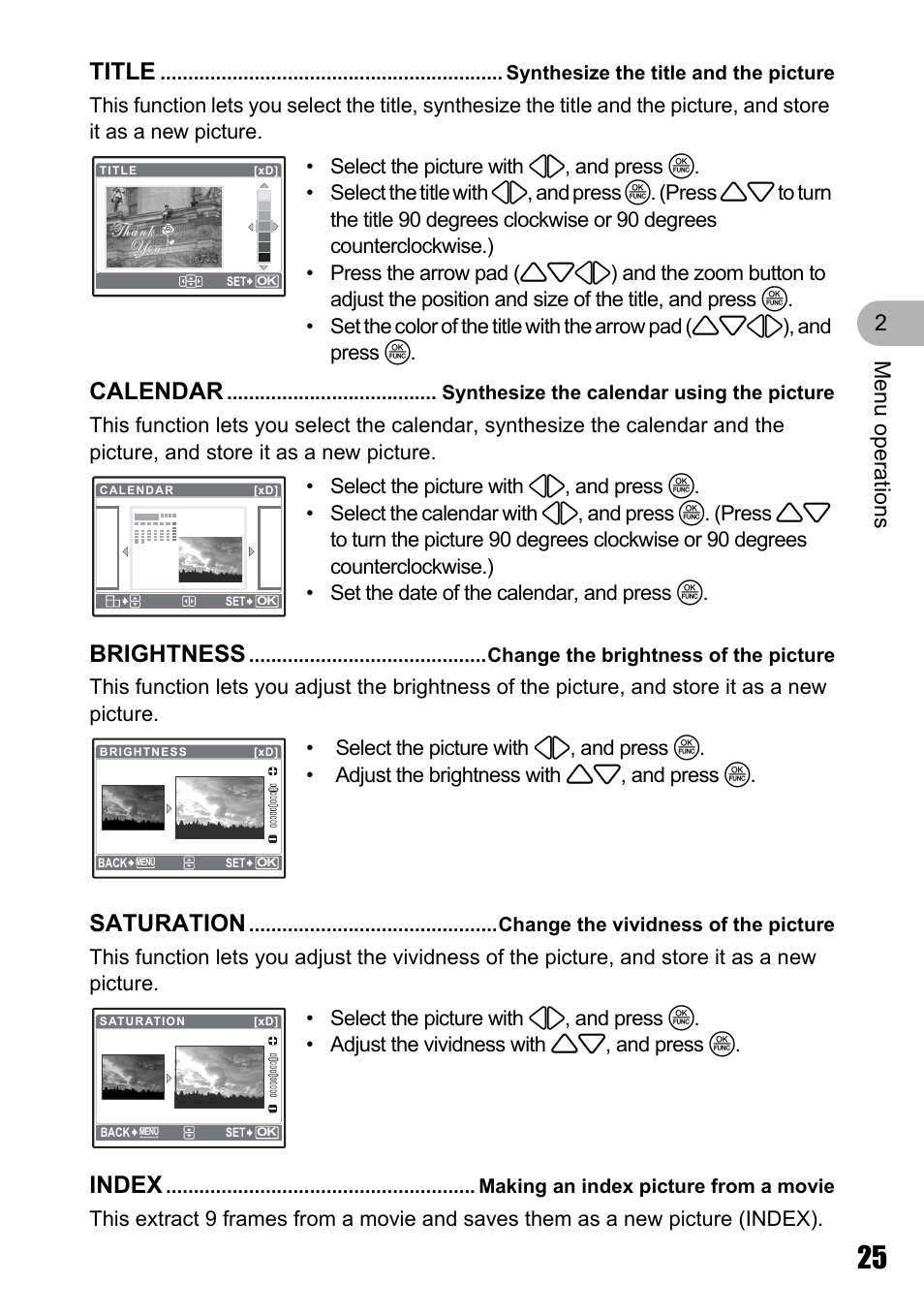 Synthesize the title and the picture, Synthesize the calendar using the picture, Change the brightness of the picture | Change the vividness of the picture, Making an index picture from a movie, Title, Calendar, Brightness, Saturation, Index | Olympus Stylus 725 SW User Manual | Page 25 / 83