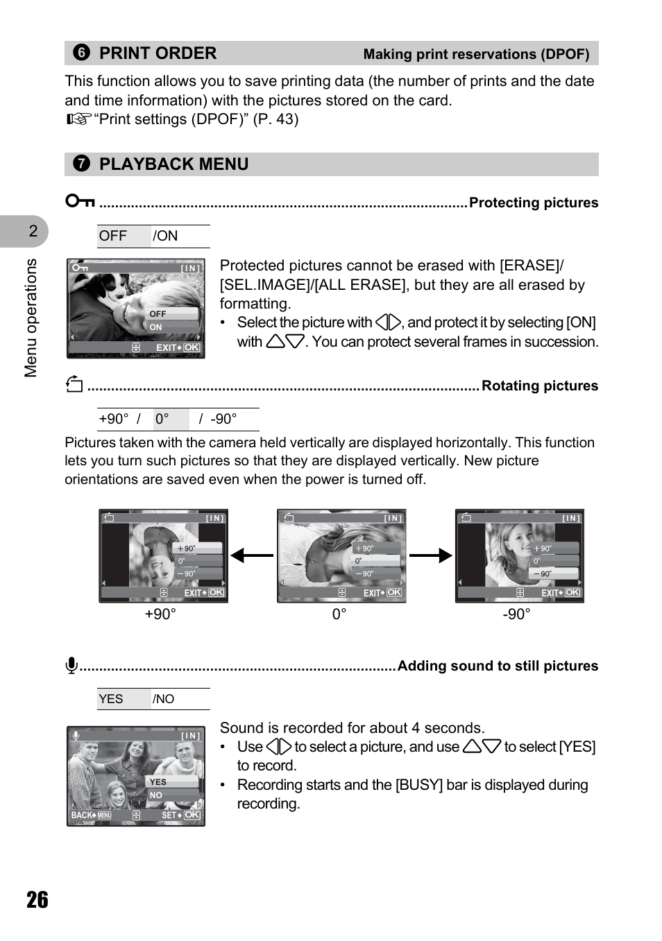 Making print reservations (dpof), Playback menu, Protecting pictures | Rotating pictures, Adding sound to still pictures, 6print order, 7playback menu 0, Menu o perat ion s 2 | Olympus Stylus 725 SW User Manual | Page 26 / 83