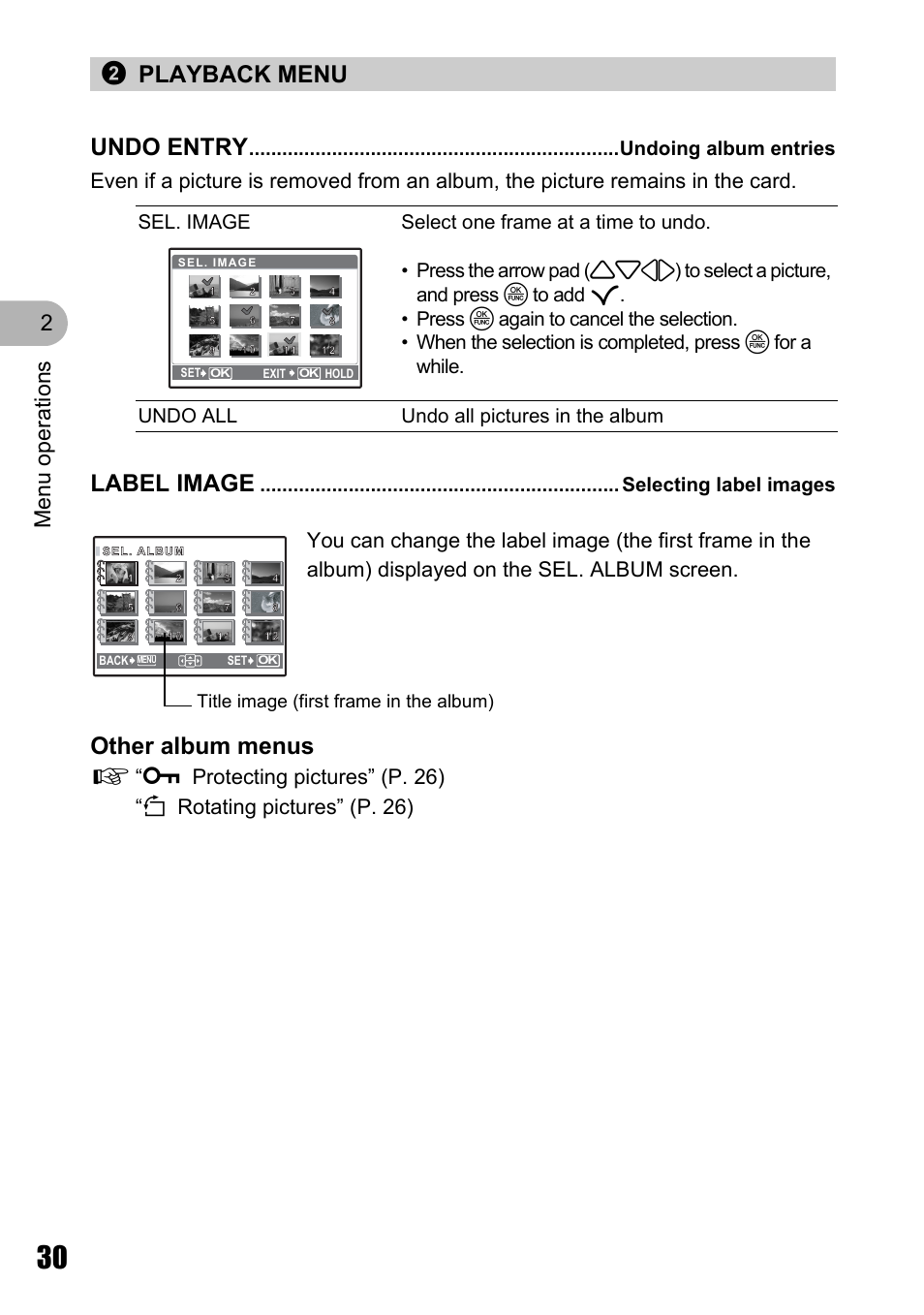 Playback menu, Undoing album entries, Selecting label images | Other album menus, 2playback menu undo entry, Label image, Menu o perat ion s 2, Title image (first frame in the album) | Olympus Stylus 725 SW User Manual | Page 30 / 83