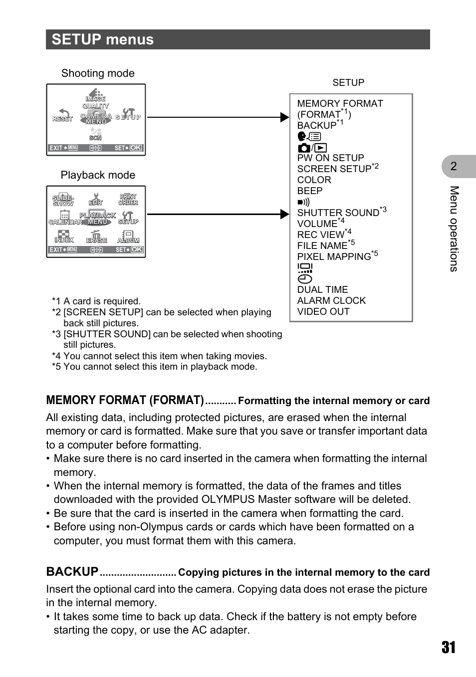 Setup menus, Formatting the internal memory or card, Setup menus” (p. 31) | Backup, Men u o perat io ns 2, Playback mode shooting mode, W k/ q pw on setup screen setup, Color beep 8 shutter sound, Volume, Rec view | Olympus Stylus 725 SW User Manual | Page 31 / 83