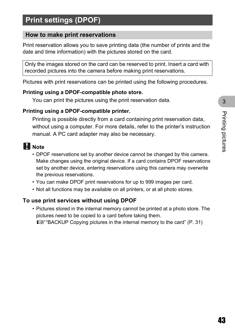 Print settings (dpof), How to make print reservations, Print settings (dpof)” (p. 43) | Olympus Stylus 725 SW User Manual | Page 43 / 83