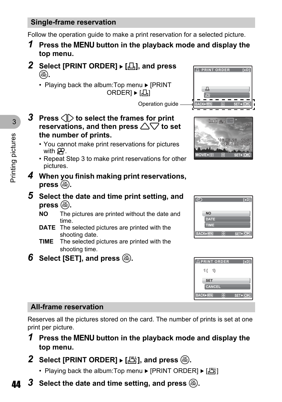 Single-frame reservation, All-frame reservation, Select [print order] [ < ], and press o | When you finish making print reservations, press o, Select [set], and press o, Select [print order] [ u ], and press o, Pri nt ing p ict ures 3 | Olympus Stylus 725 SW User Manual | Page 44 / 83