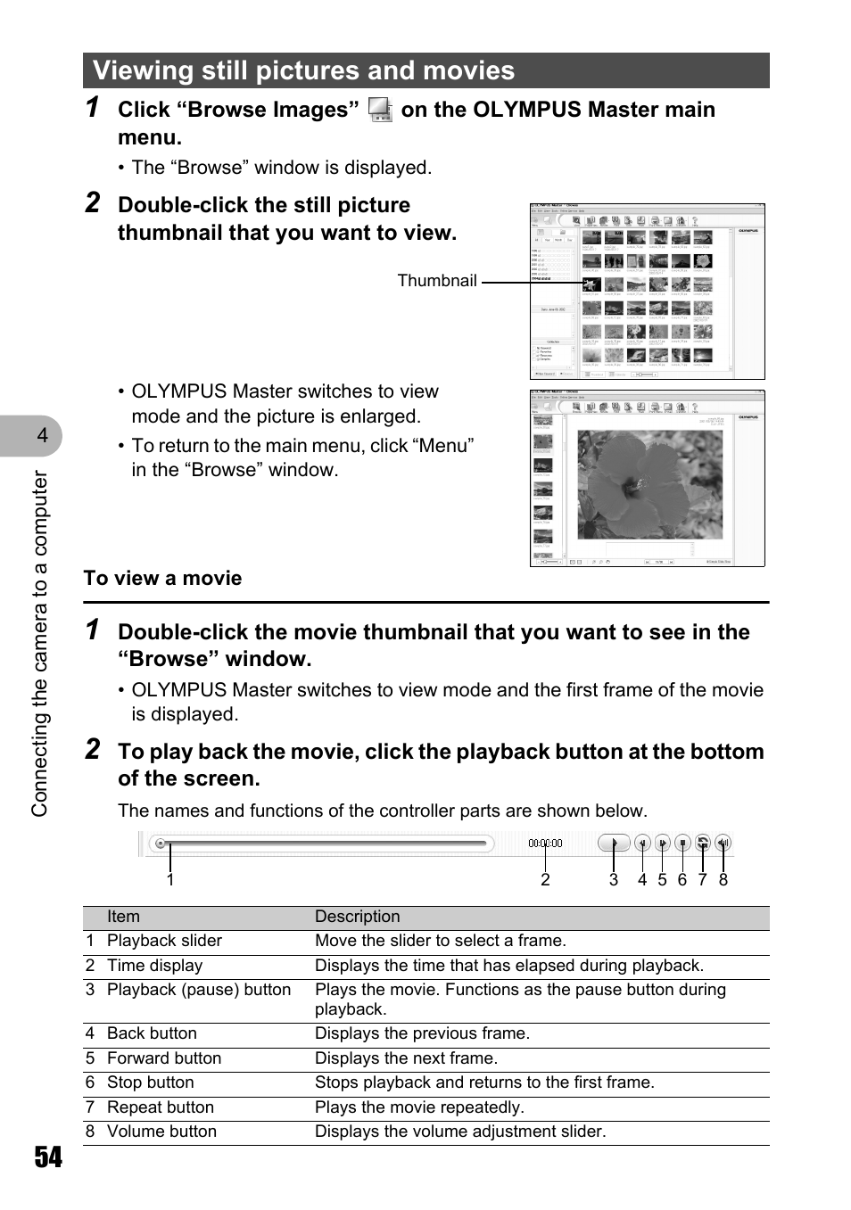 Viewing still pictures and movies | Olympus Stylus 725 SW User Manual | Page 54 / 83