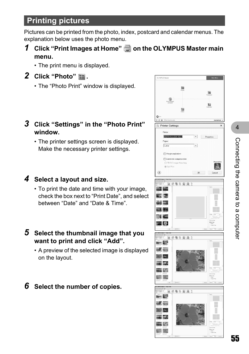 Printing pictures | Olympus Stylus 725 SW User Manual | Page 55 / 83