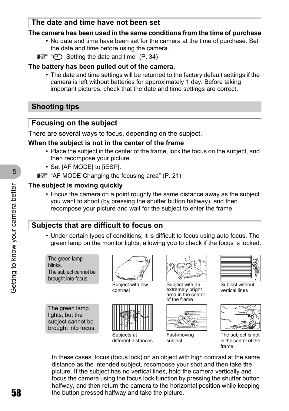 The date and time have not been set, Shooting tips, Focusing on the subject | Subjects that are difficult to focus on | Olympus Stylus 725 SW User Manual | Page 58 / 83