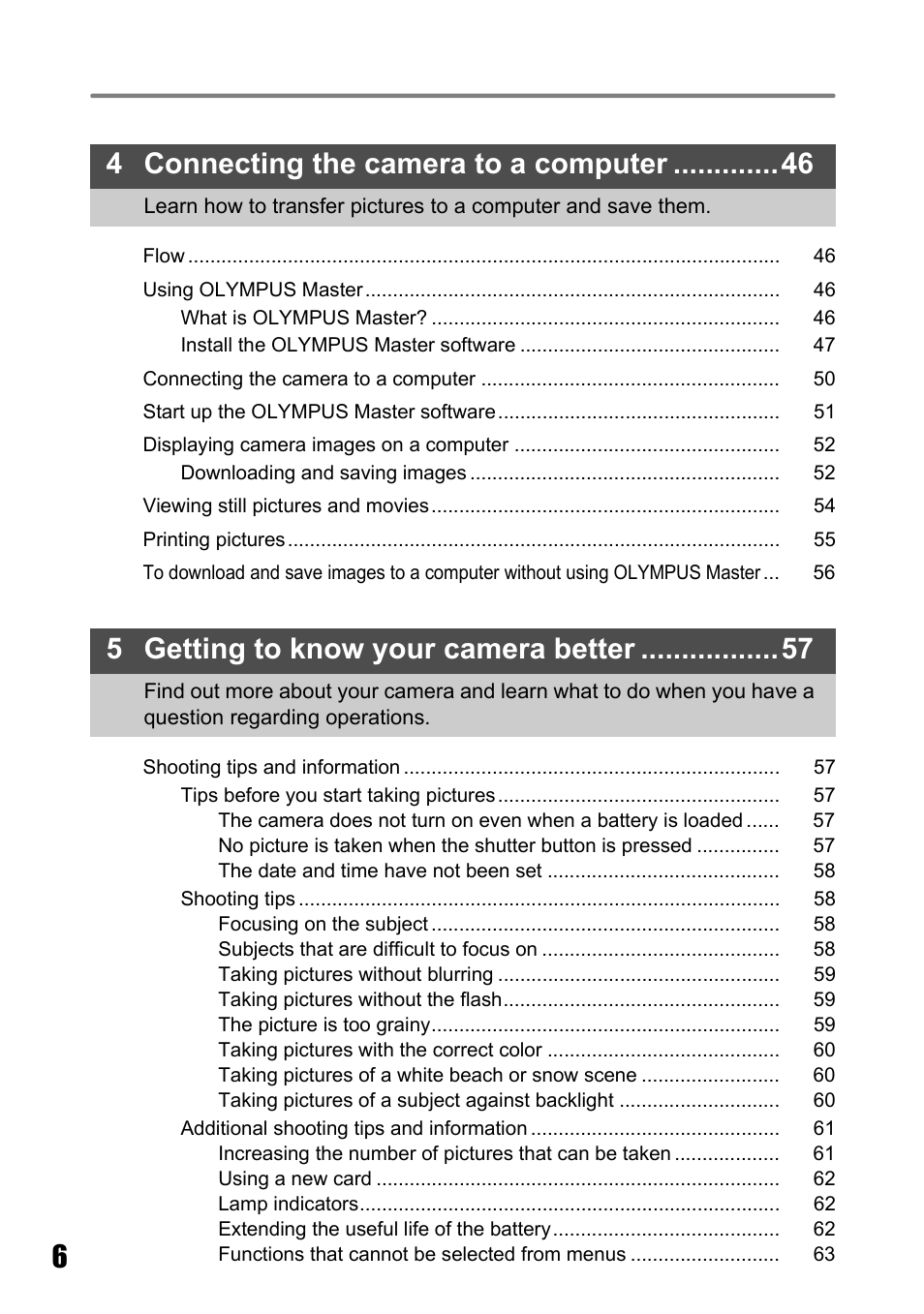 4 connecting the camera to a computer, 5 getting to know your camera better | Olympus Stylus 725 SW User Manual | Page 6 / 83