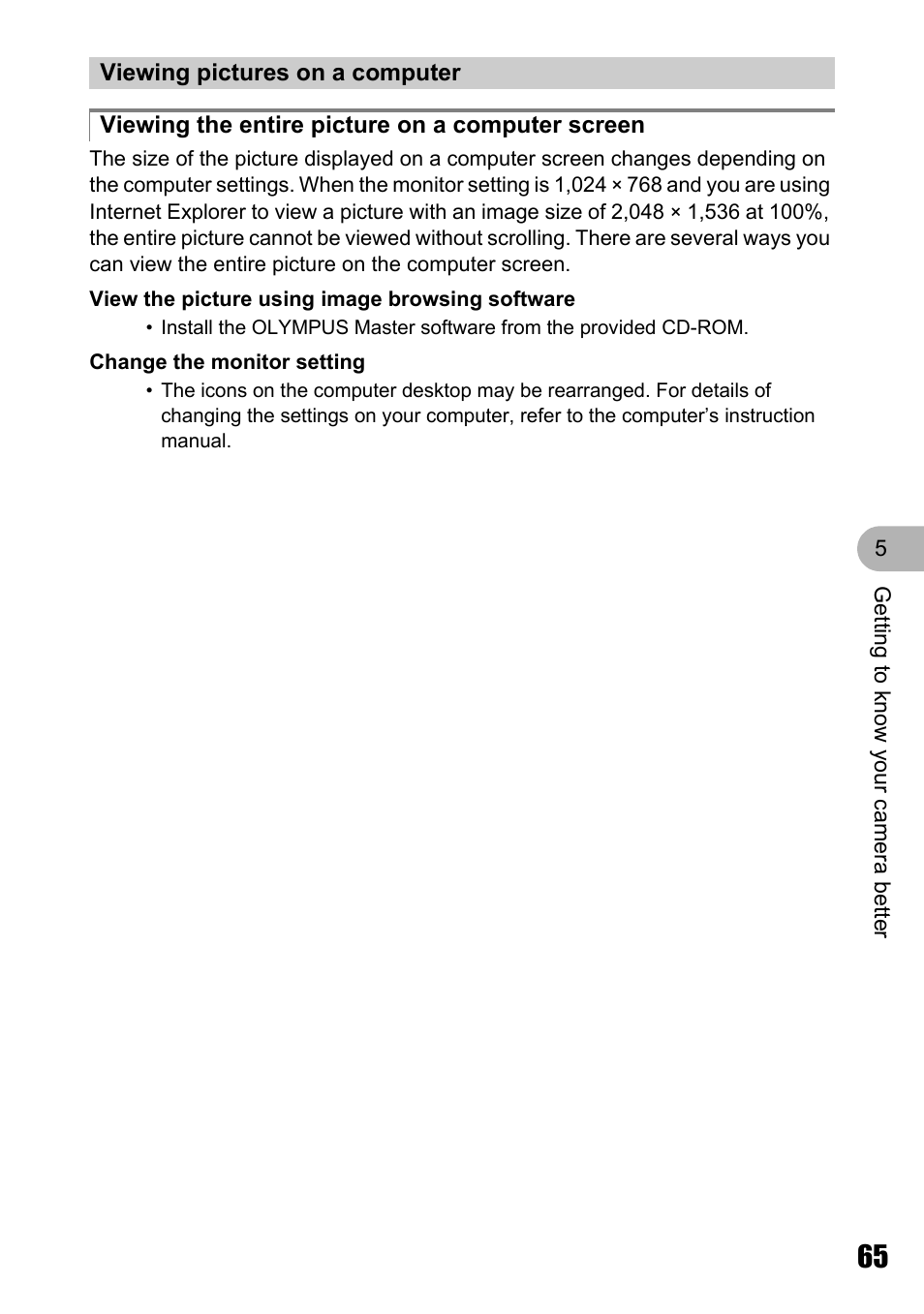 Viewing pictures on a computer, Viewing the entire picture on a computer screen | Olympus Stylus 725 SW User Manual | Page 65 / 83