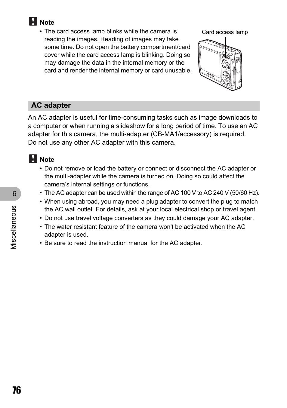 Ac adapter | Olympus Stylus 725 SW User Manual | Page 76 / 83