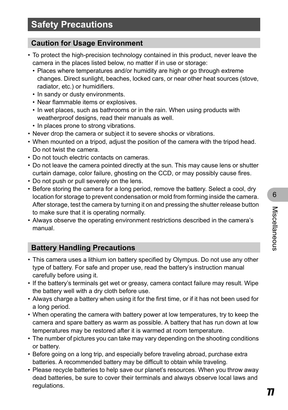 Safety precautions | Olympus Stylus 725 SW User Manual | Page 77 / 83