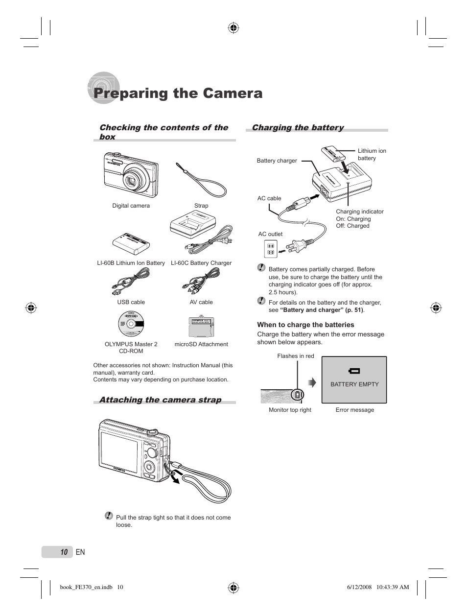Preparing the camera, Charging the battery, Checking the contents of the box | Attaching the camera strap | Olympus FE-370 User Manual | Page 10 / 70