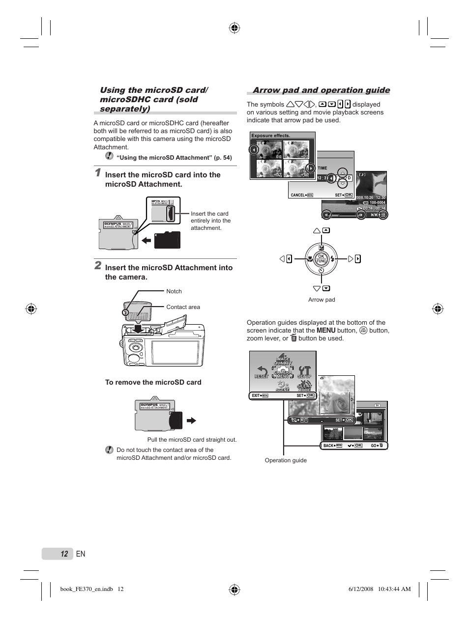 Arrow pad and operation guide, 12 en, Insert the microsd attachment into the camera | Olympus FE-370 User Manual | Page 12 / 70