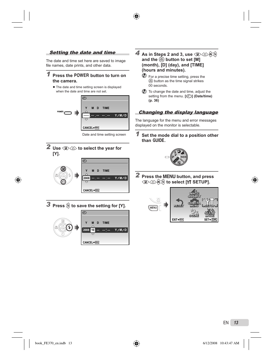 Setting the date and time, Changing the display language, 13 en | Olympus FE-370 User Manual | Page 13 / 70
