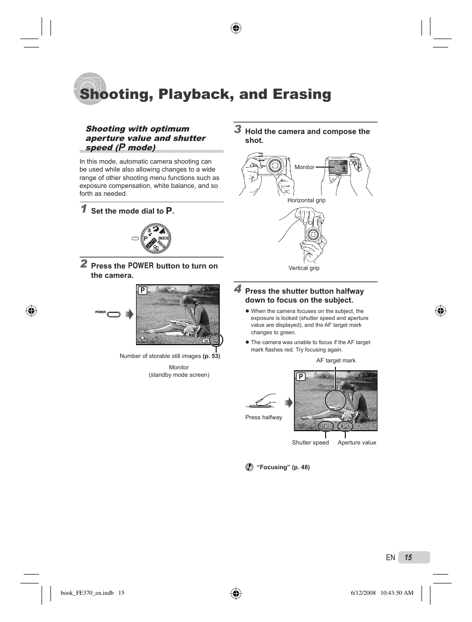 Shooting, playback, and erasing, 15 en | Olympus FE-370 User Manual | Page 15 / 70