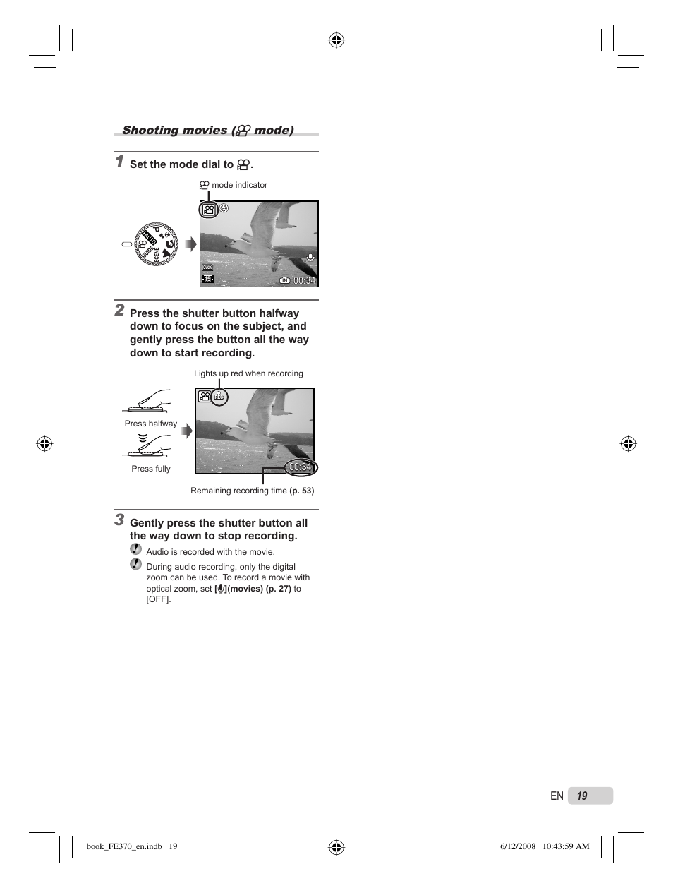 Shooting movies (n mode), 19 en | Olympus FE-370 User Manual | Page 19 / 70