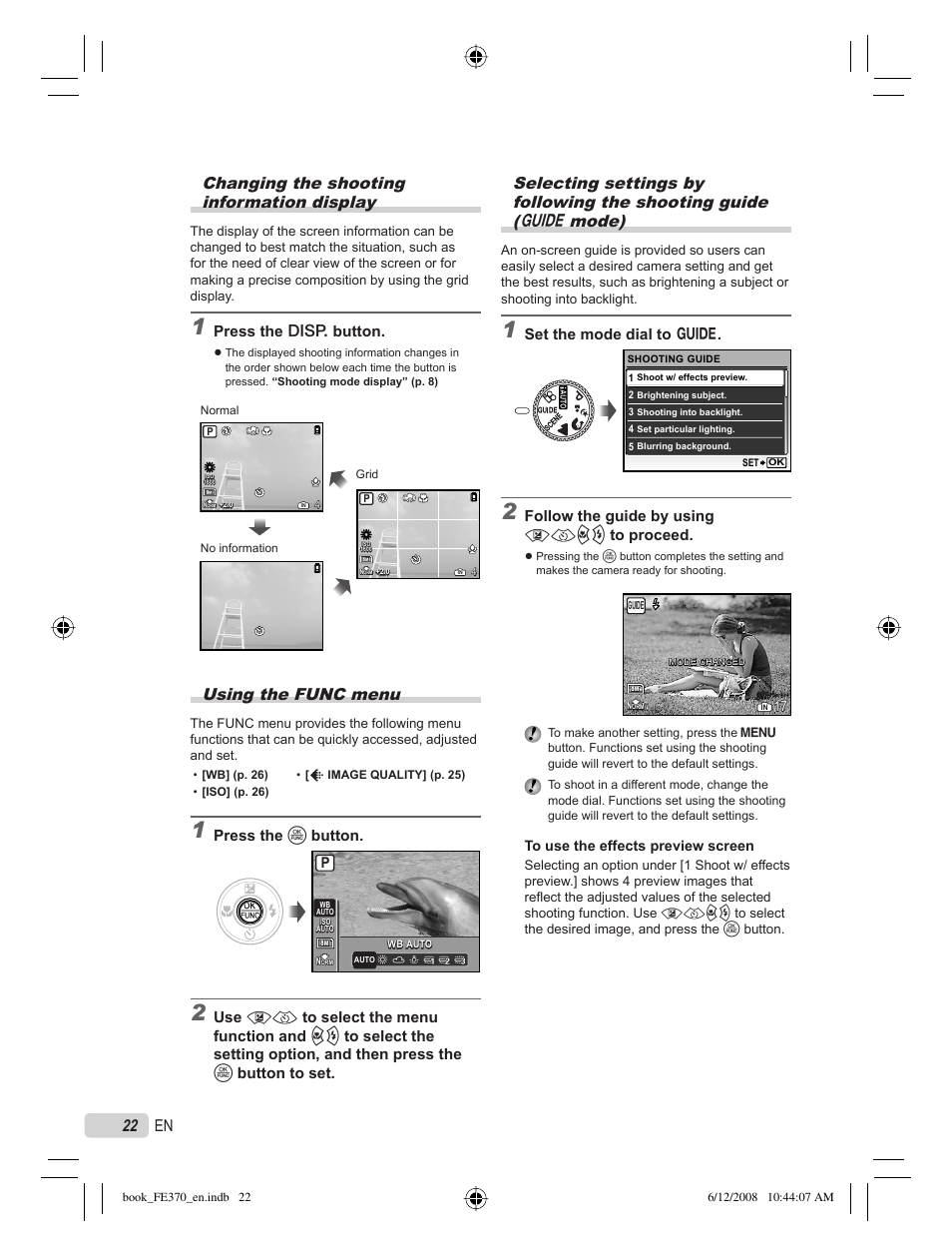 Changing the shooting information display, Using the func menu, 22 en | Press the g button, Press the o button, Set the mode dial to r, Follow the guide by using abcd to proceed | Olympus FE-370 User Manual | Page 22 / 70