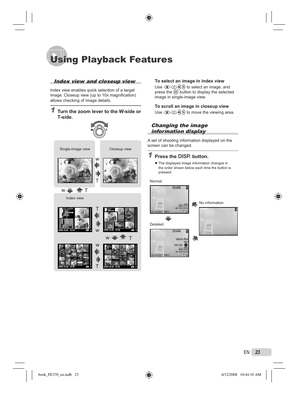 Using playback features, Changing the image information display, Index view and closeup view | 23 en, Press the g button, Turn the zoom lever to the w-side or t-side, Use abcd to move the viewing area | Olympus FE-370 User Manual | Page 23 / 70