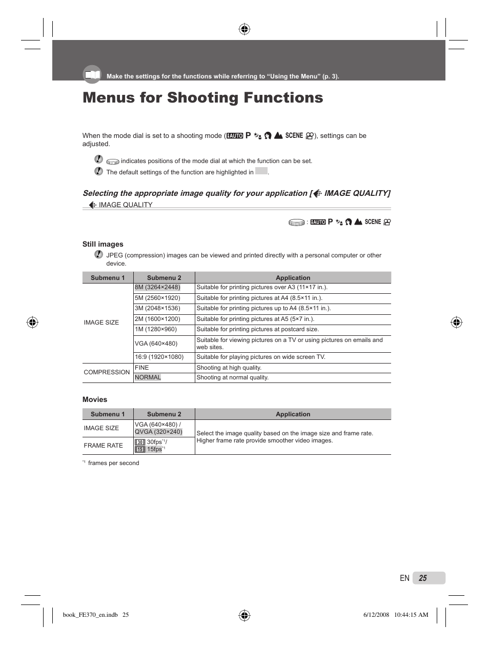 Menus for shooting functions, 25 en | Olympus FE-370 User Manual | Page 25 / 70