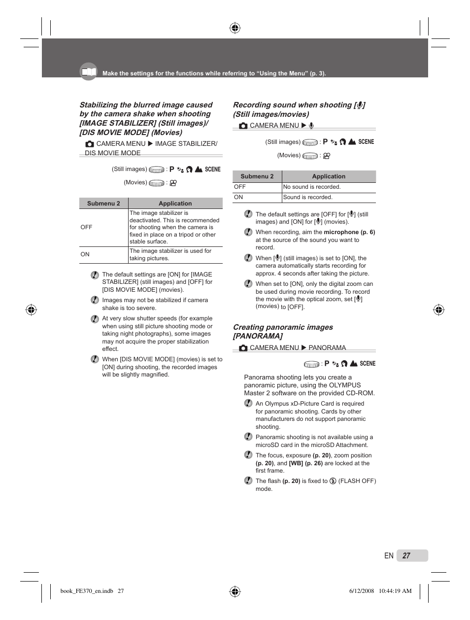 27 en, Creating panoramic images [panorama | Olympus FE-370 User Manual | Page 27 / 70