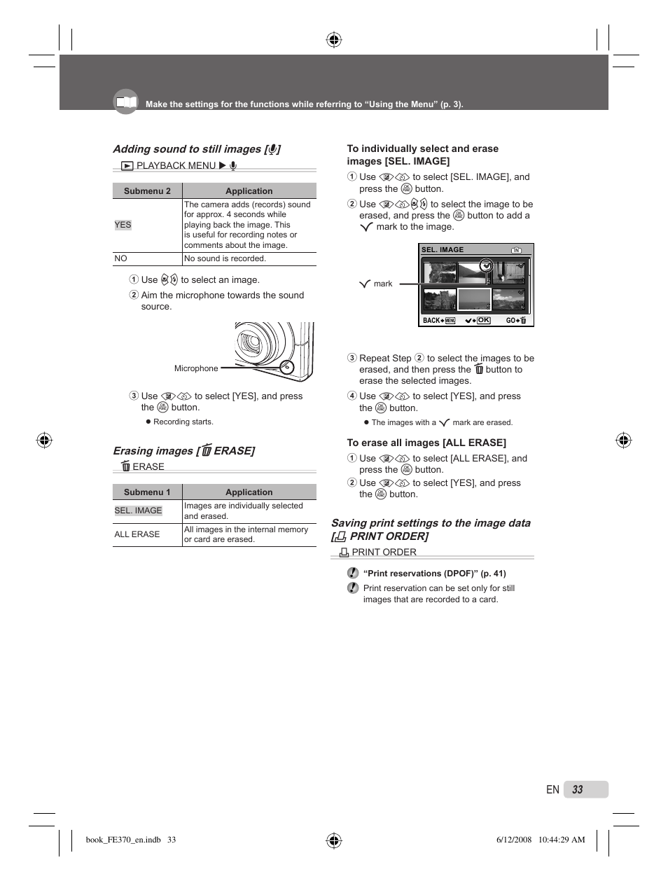 33 en, Adding sound to still images [ r, Erasing images [ d erase | Olympus FE-370 User Manual | Page 33 / 70