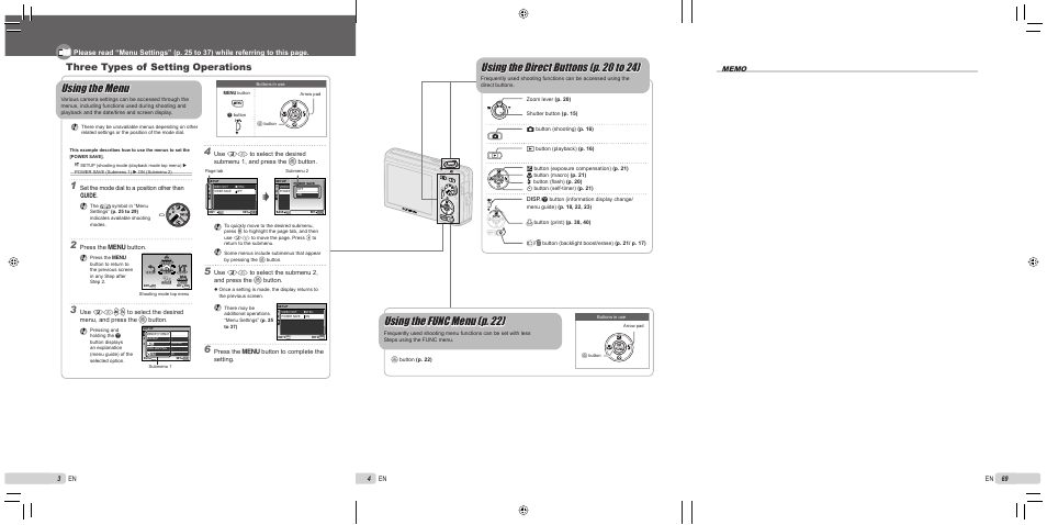 Using the func menu (p. 22), Using the direct buttons (p. 20 to 24), Using the menu | Three types of setting operations, 4 en, 69 en, 3 en, Set the mode dial to a position other than r, Press the  button, Press the  button to complete the setting | Olympus FE-370 User Manual | Page 4 / 70