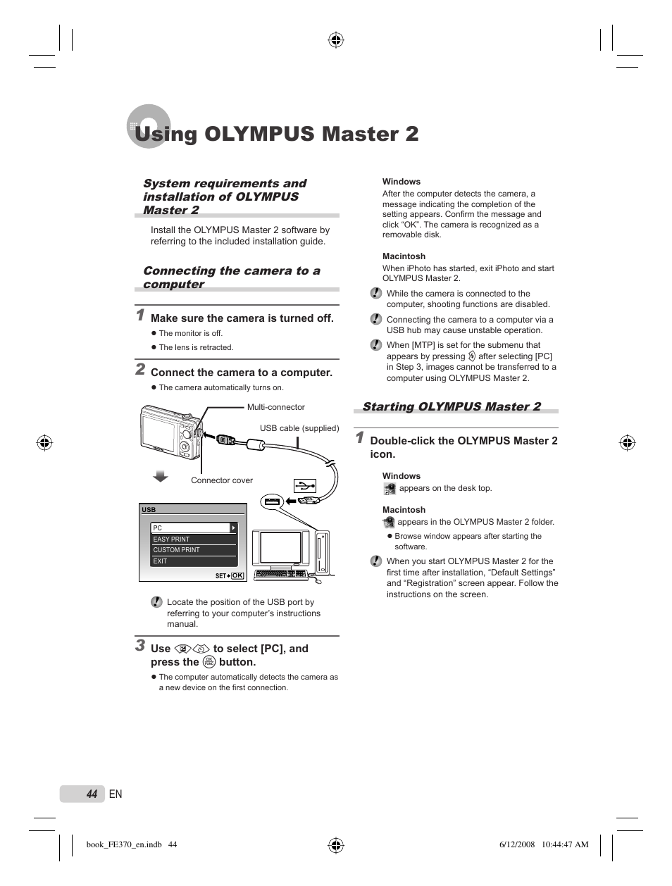 Using olympus master 2, Starting olympus master 2, Connecting the camera to a computer | Olympus FE-370 User Manual | Page 44 / 70