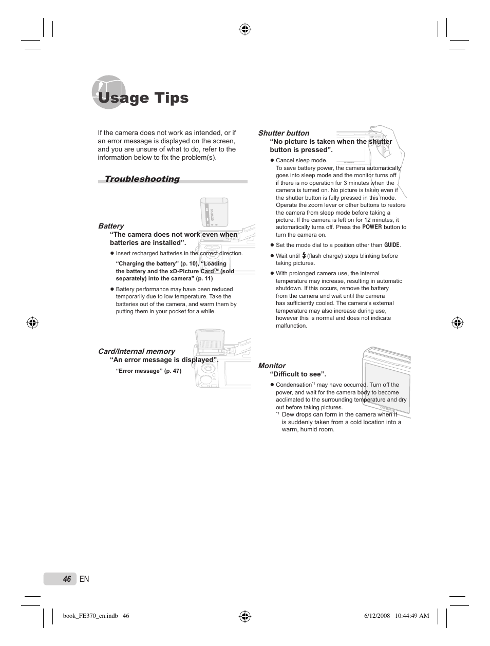 Usage tips, Troubleshooting, 46 en | Olympus FE-370 User Manual | Page 46 / 70