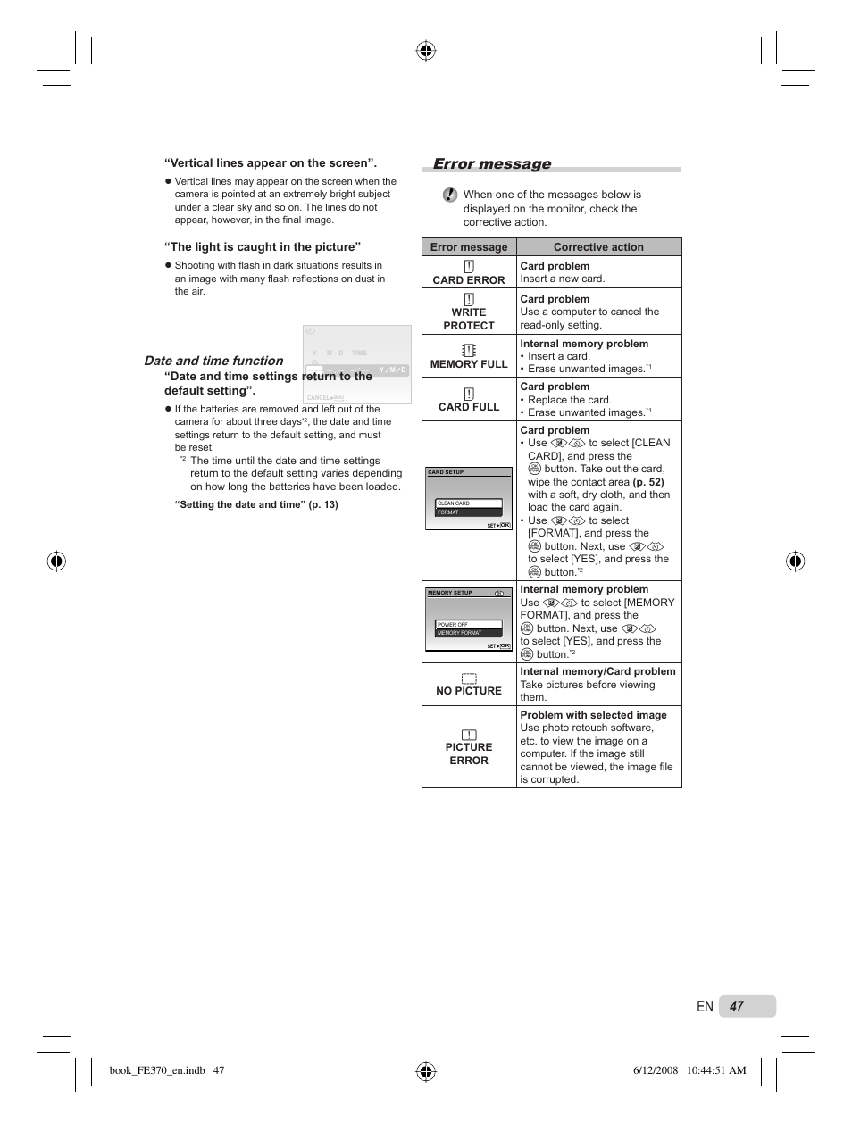 Error message, 47 en, Date and time function | Olympus FE-370 User Manual | Page 47 / 70